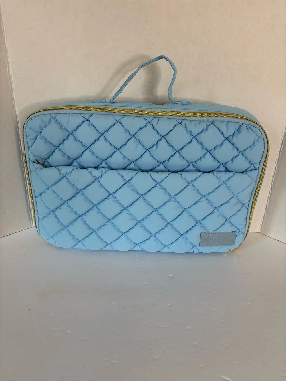 Quilted Light Blue Cosmetic Travel Case with Top Handle